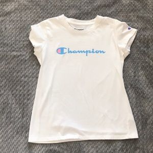 White Blue Lettering Champion Shirt